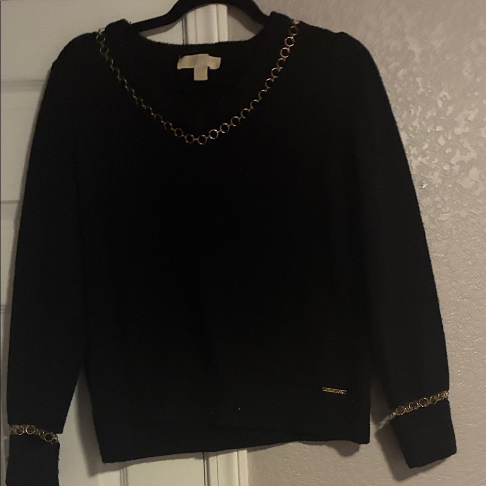 Michael Kors Black V-Neck Sweater with Gold Chain Detail